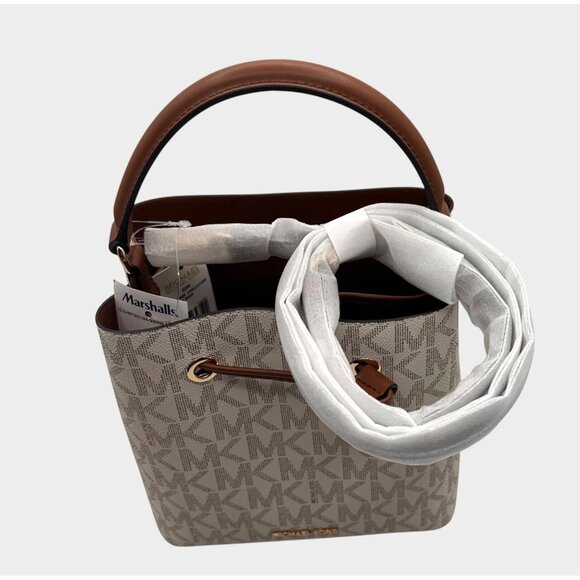 Michael Kors Small Drawstring Bucket Bag Vanilla/Brown Canvas Leather Logo - Picture 14 of 14